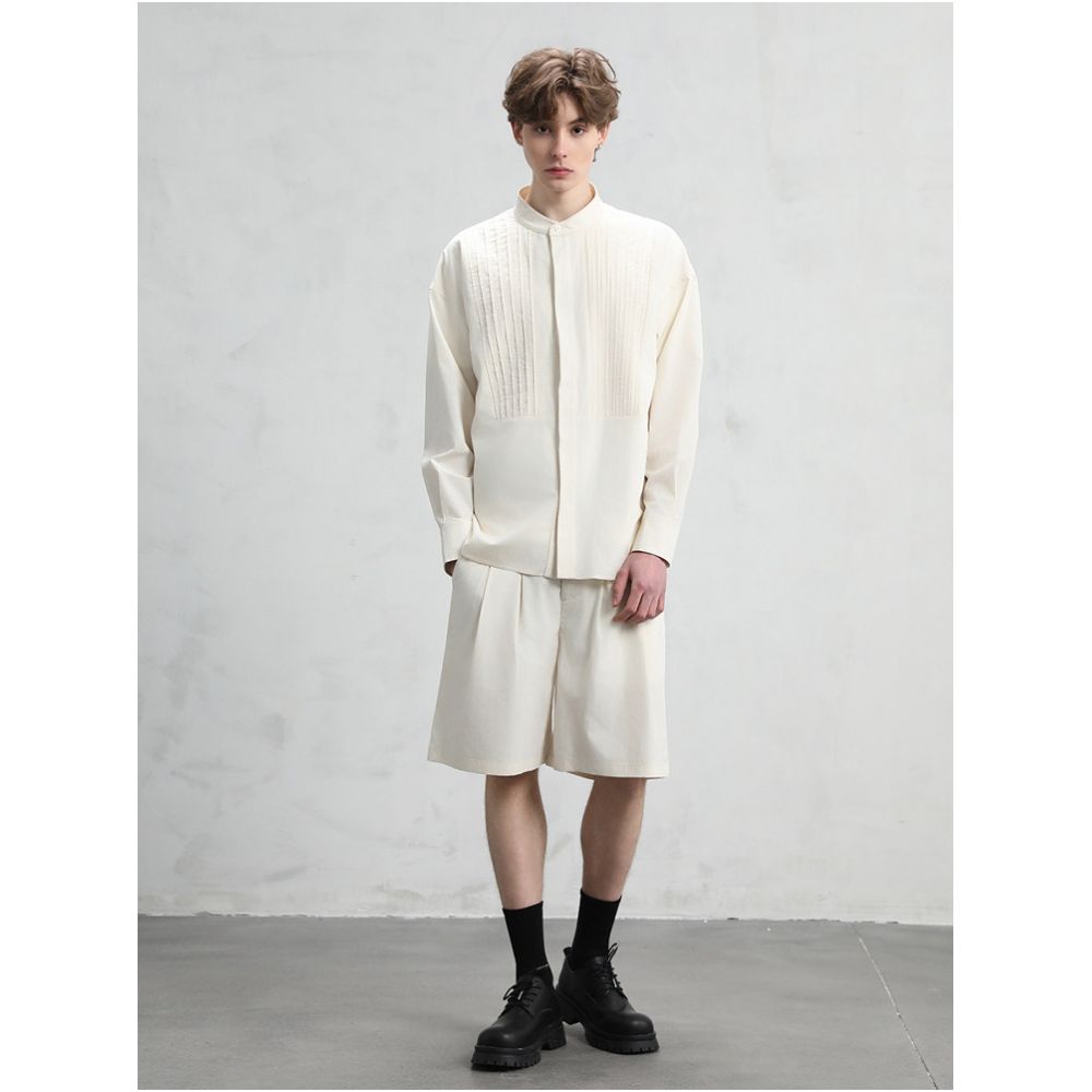 CAKUNTA Money Texture Tencel Cotton Henley Collar Shirt Palace Style pleated front hidden placket image 1