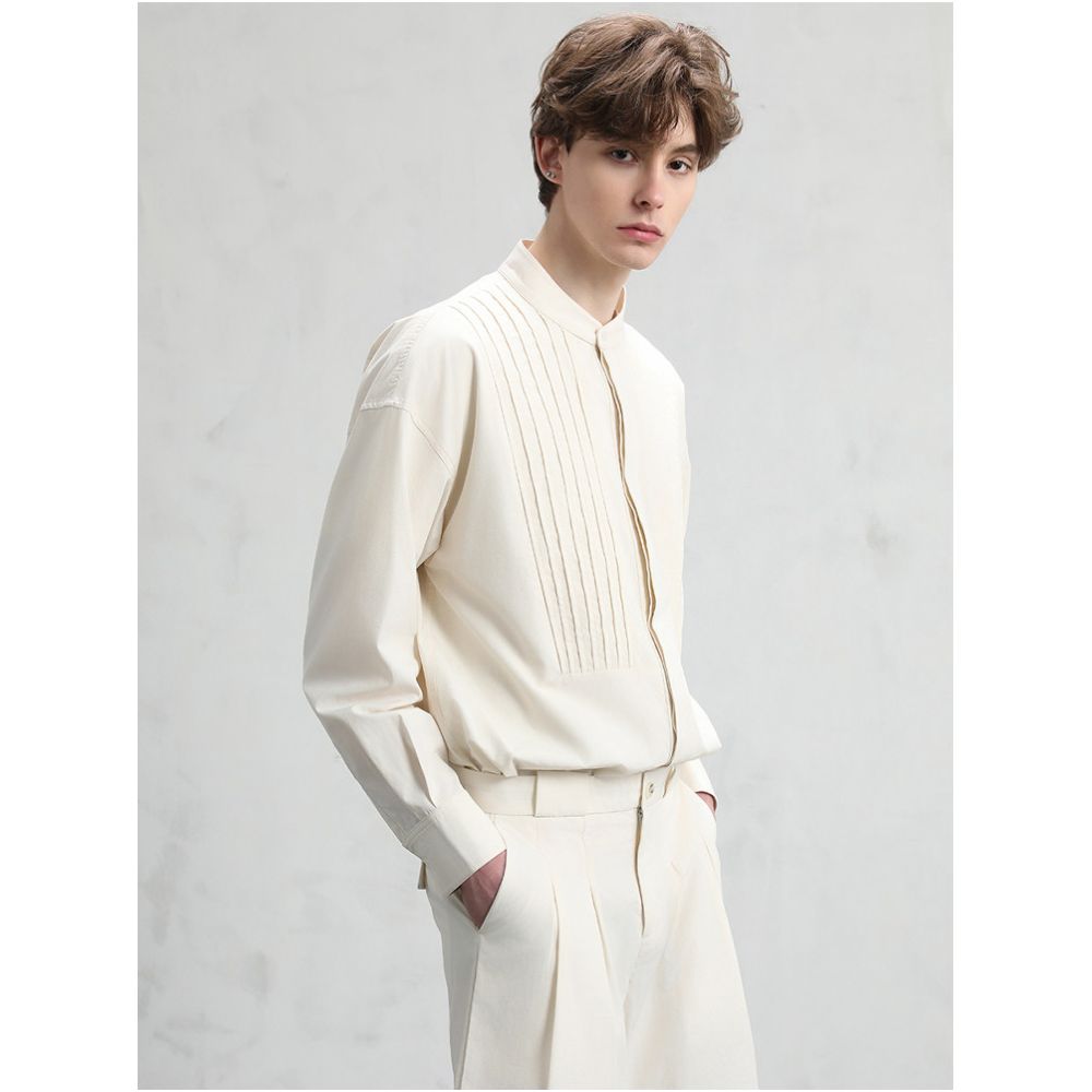 CAKUNTA Money Texture Tencel Cotton Henley Collar Shirt Palace Style pleated front hidden placket image 3