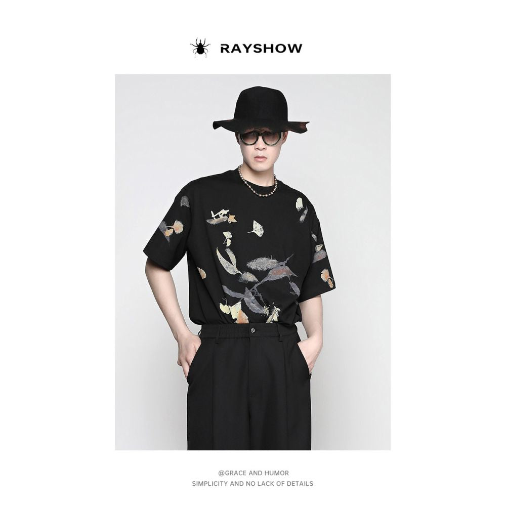 RAYSSHOW Lei Xiu Hand drawn Chinese style loose round neck leaf painted short sleeved T shirt image 2