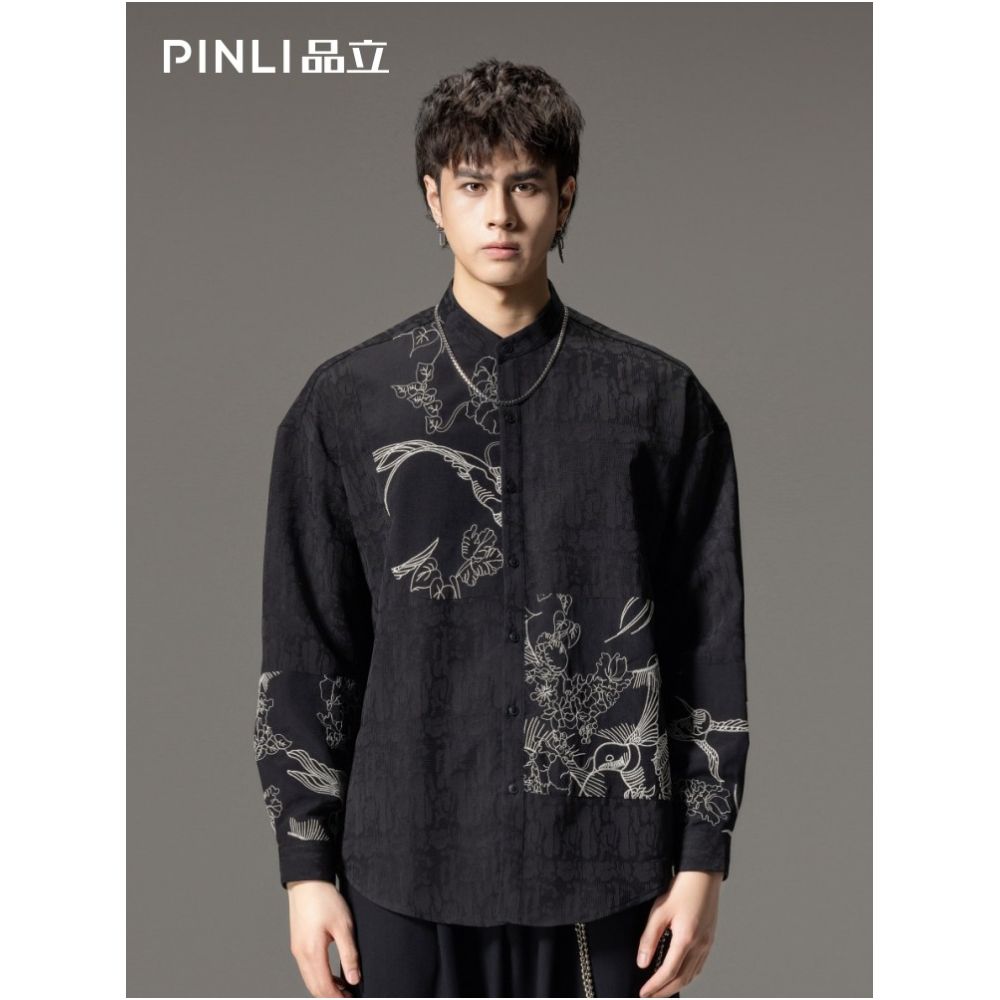 PINLI Pinli Autumn New Chinese Stand Collar Embroidery Shirt Men s Splice Long Sleeve China Chic Casual Shirt image 0