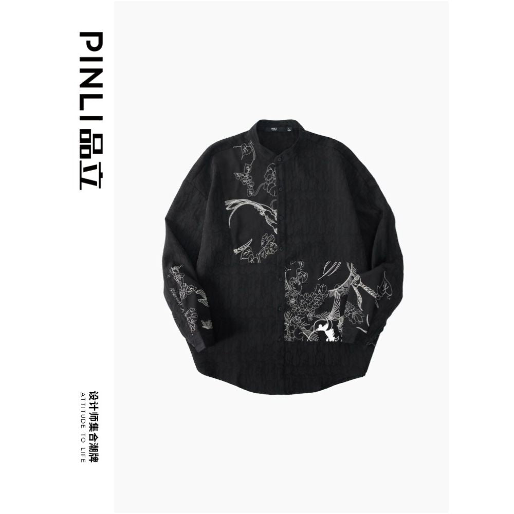 PINLI Pinli Autumn New Chinese Stand Collar Embroidery Shirt Men s Splice Long Sleeve China Chic Casual Shirt image 3