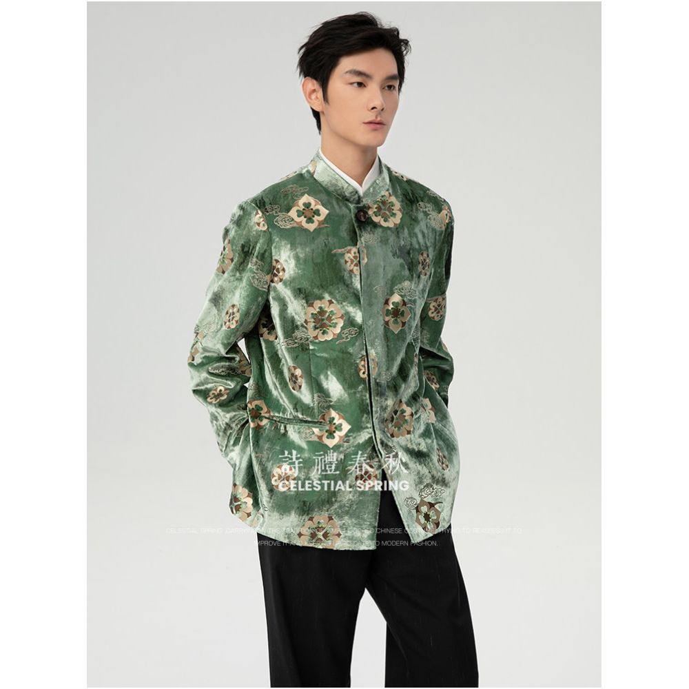 Shili Chunqiu Original Improvement New Chinese style Men s Wear Standing Collar Tang Dynasty Tuanhua Silk Velvet Hot Pot Gold National Style Coat image 2