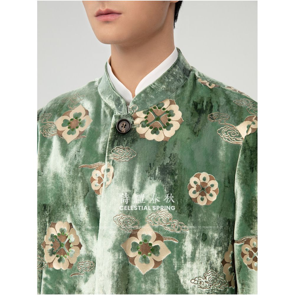 Shili Chunqiu Original Improvement New Chinese style Men s Wear Standing Collar Tang Dynasty Tuanhua Silk Velvet Hot Pot Gold National Style Coat image 3