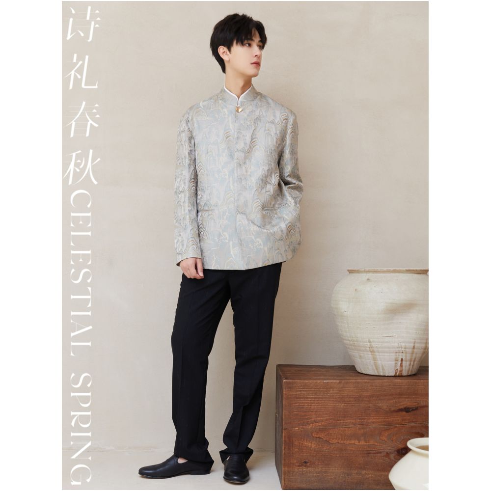 Poetry and Rites Spring and Autumn Original New Chinese style Men s Stand up Collar Tang Costume Landscape Weaving Brocade Improved Zhongshan Costume Jacquard National Style Coat image 1