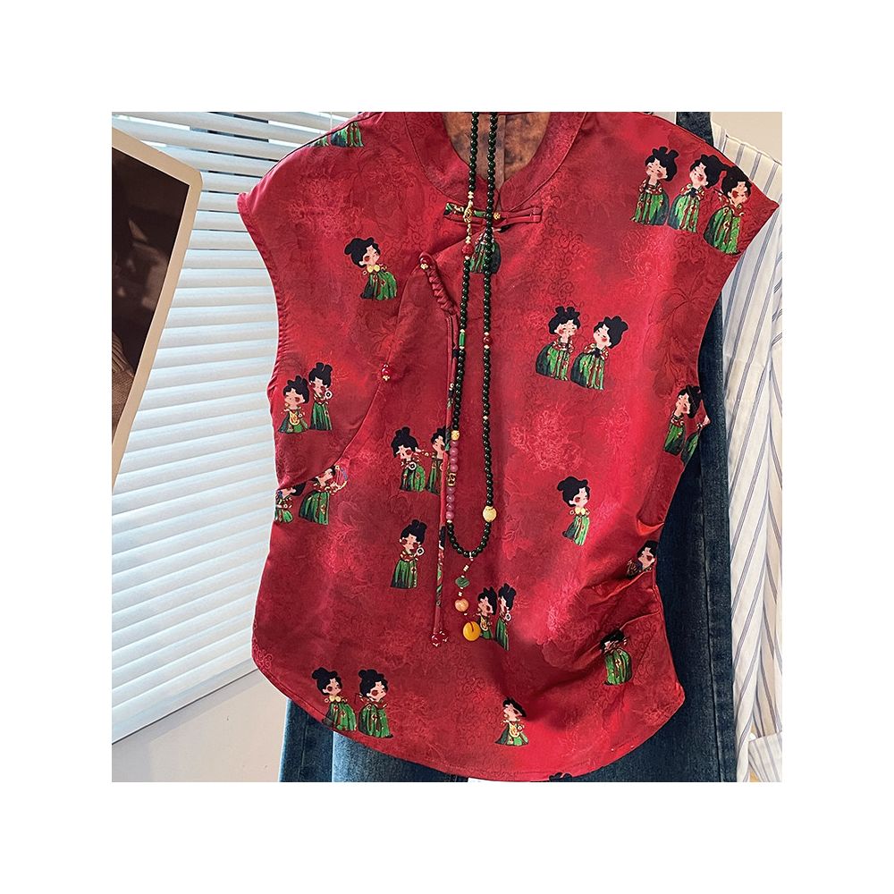 New Chinese style versatile retro stand up collar button up top for women in summer 2025 red commuting style slimming sleeveless small shirt image 2