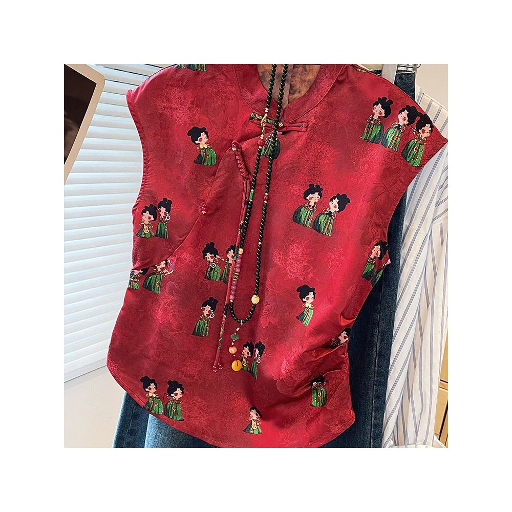 New Chinese style versatile retro stand up collar button up top for women in summer 2025 red commuting style slimming sleeveless small shirt image 3