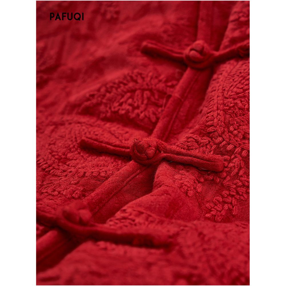 New Chinese style national style red cotton and linen embroidered buttoned New Year s coat 2025 autumn and winter new item improved Tang style top image 3