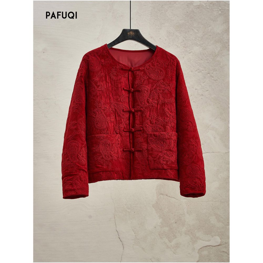New Chinese style national style red cotton and linen embroidered buttoned New Year s coat 2025 autumn and winter new item improved Tang style top image 4