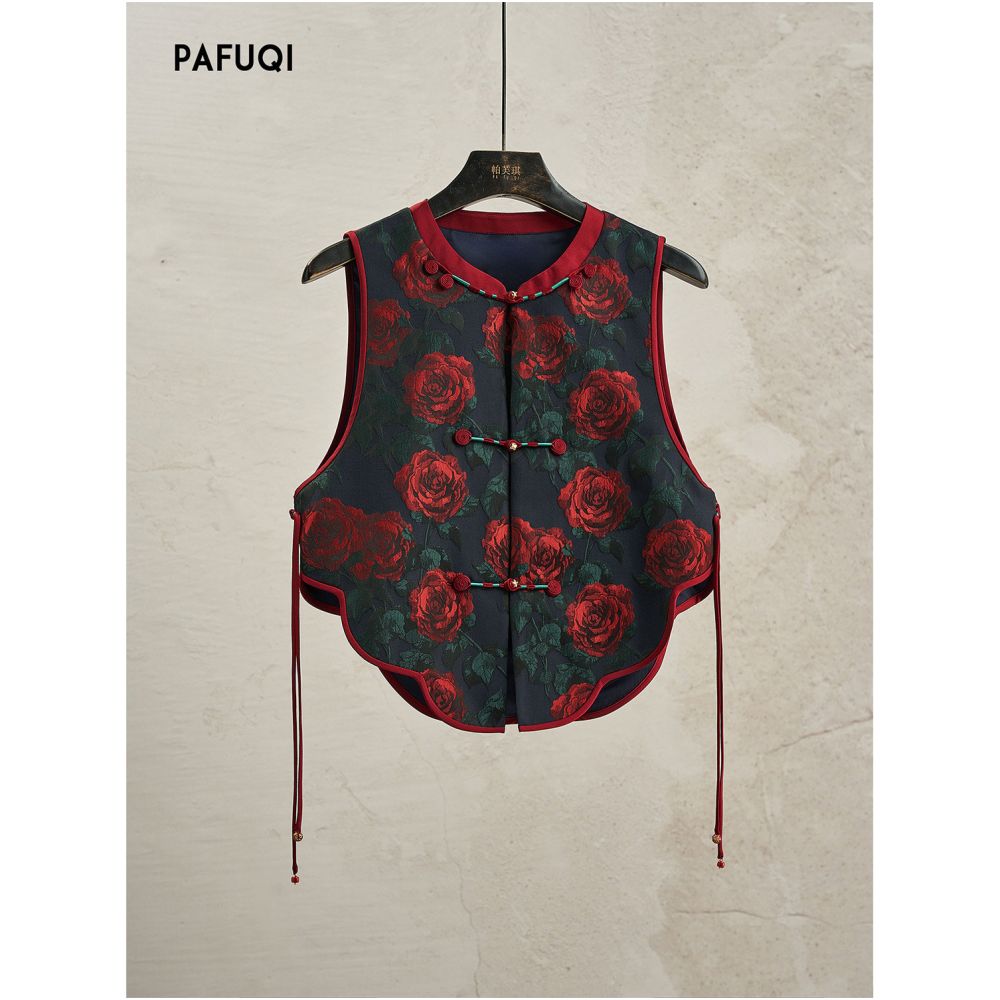 New Chinese style Chinese style dress set retro high end feeling red rose jacquard vest camisole top women s clothing 2025 new style image 4