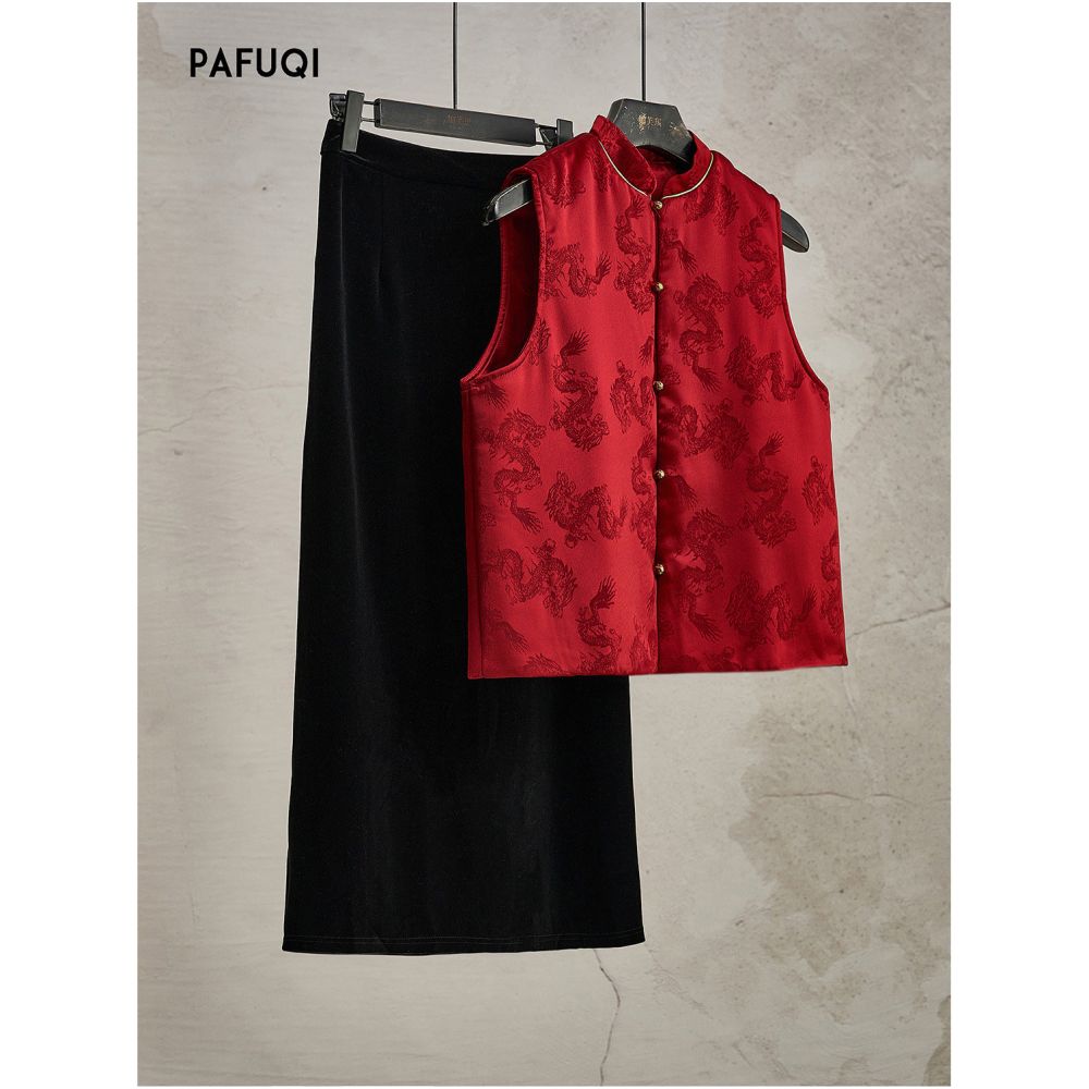 Improved Chinese style women s clothing 2025 new winter stand up collar jacquard red layered vest vest vest vest jacket image 0