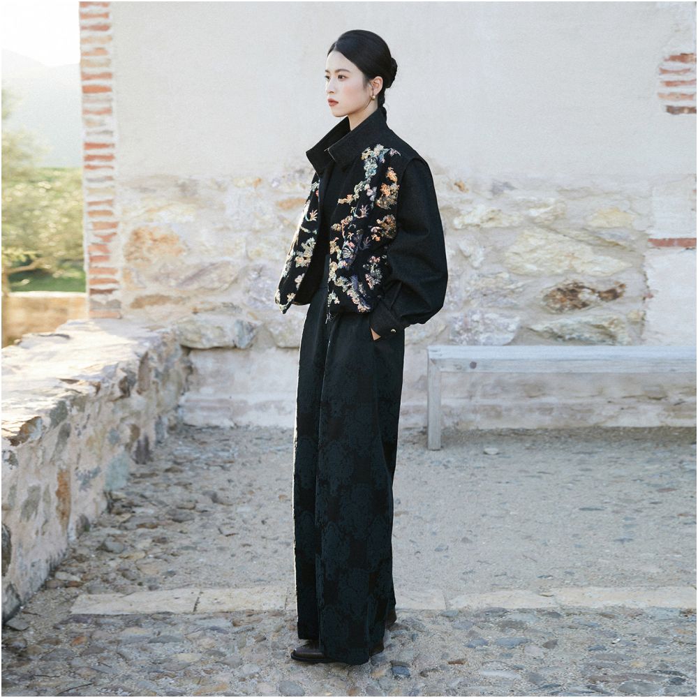 Ranzhu at any time Silk jacquard fabric New Chinese style treasure flower shaped wide leg pants casual pants image 3