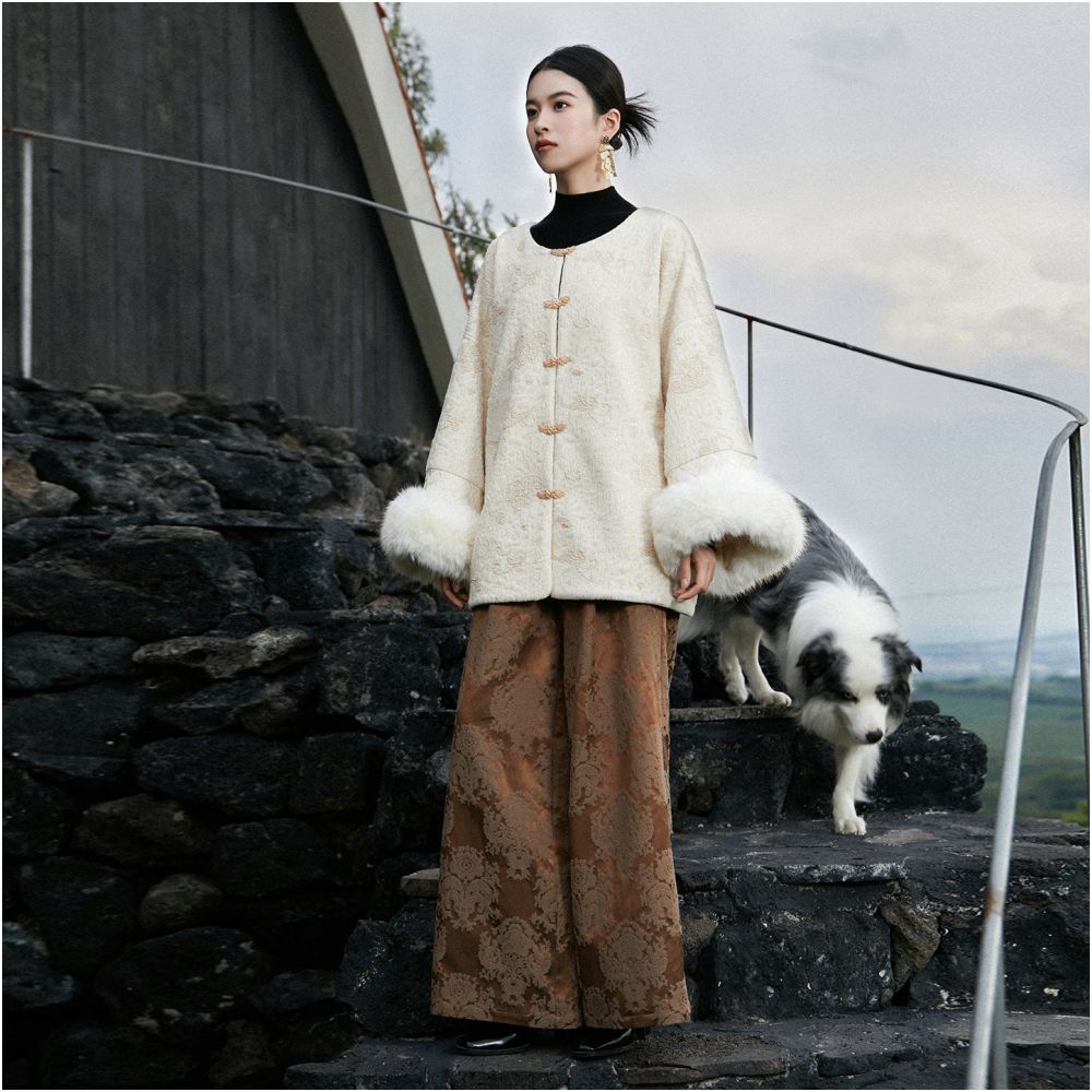 Ranzhu at any time Silk jacquard fabric New Chinese style treasure flower shaped wide leg pants casual pants image 4