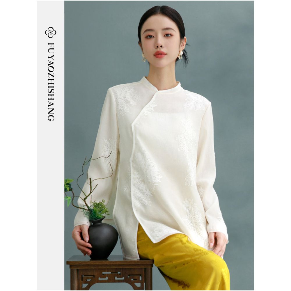 FUYAO rocking Chinese style jacquard shirt for women s autumn 2025 new retro Republic of China style standing collar long sleeved top image 1