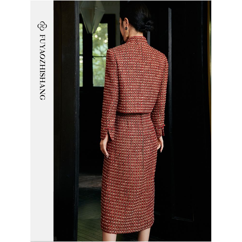 FUYAO Fuyao Light Luxury Heavy Industry Coat Split Half Skirt Red Small Fragrant Wind Coarse Flower Woven Wool Set image 4