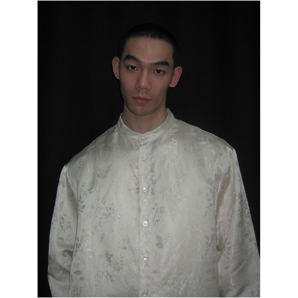 New Chinese Jacquard Long Sleeve Shirt for Autumn Winter 2025 Milk White Stand up Collar Loose Casual Chinese Style Cardigan image 4