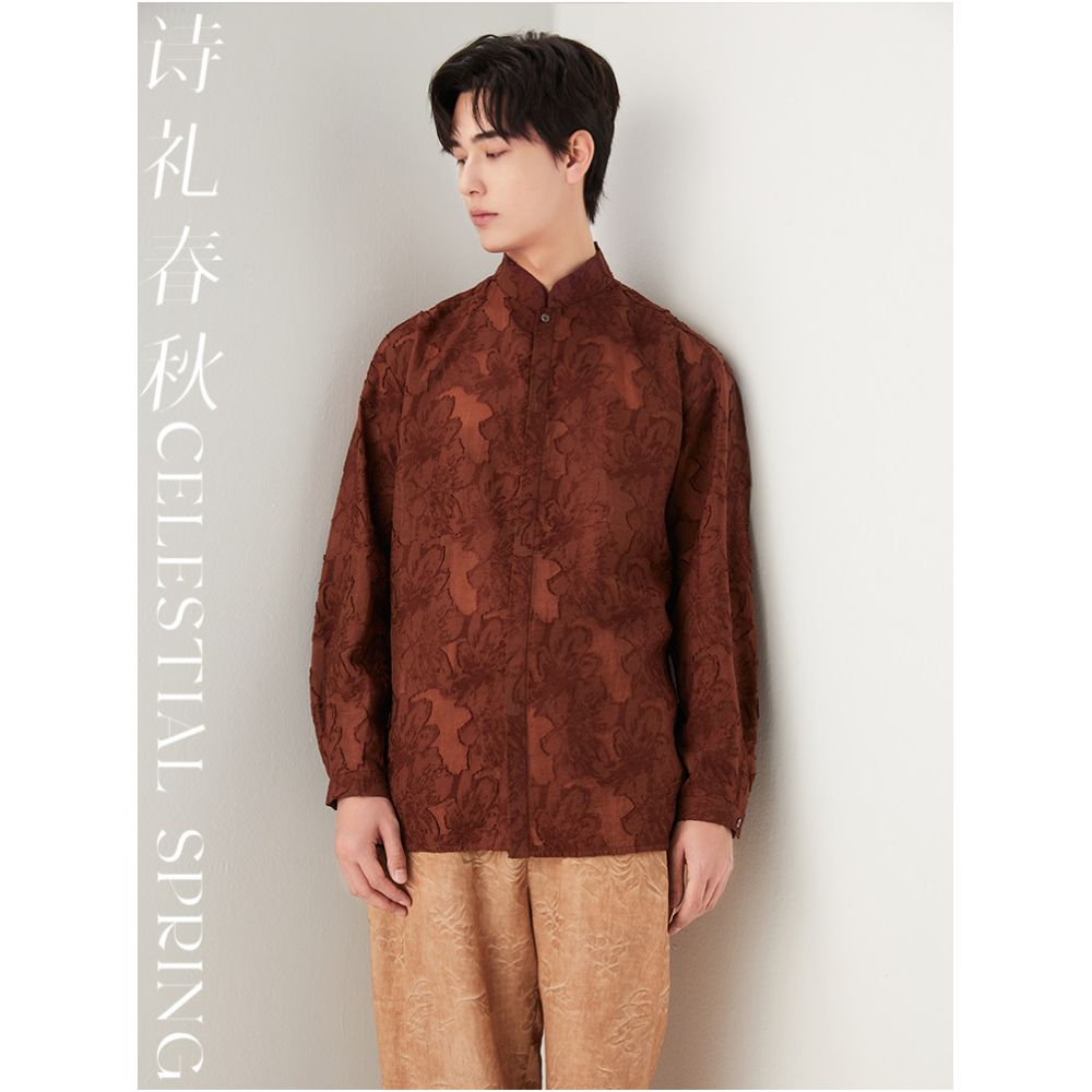 Poetry and Etiquette Spring and Autumn Original Chinese Style Men s Stand Collar Long Sleeve Shirt with Cut Pattern Artistic Chinese Style Top National Style Shirt for Men image 4