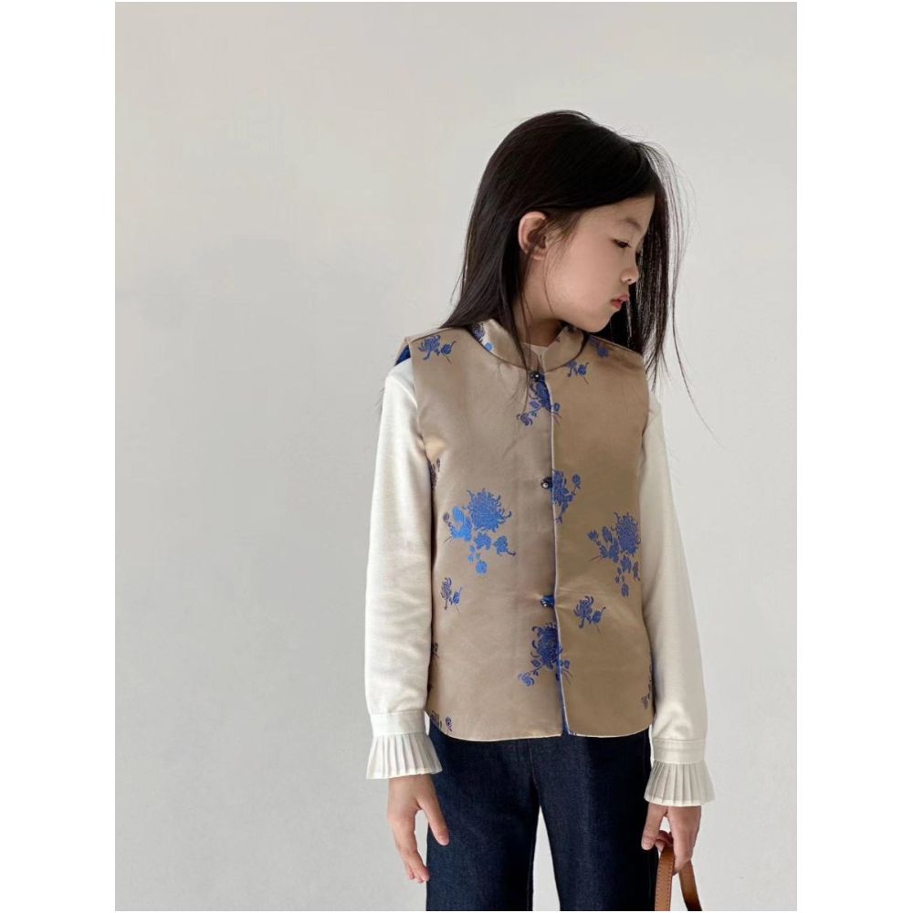 Children s new Chinese champagne colored vest 25 Spring and Autumn girls niche design parent child outfit Chinese style set image 3