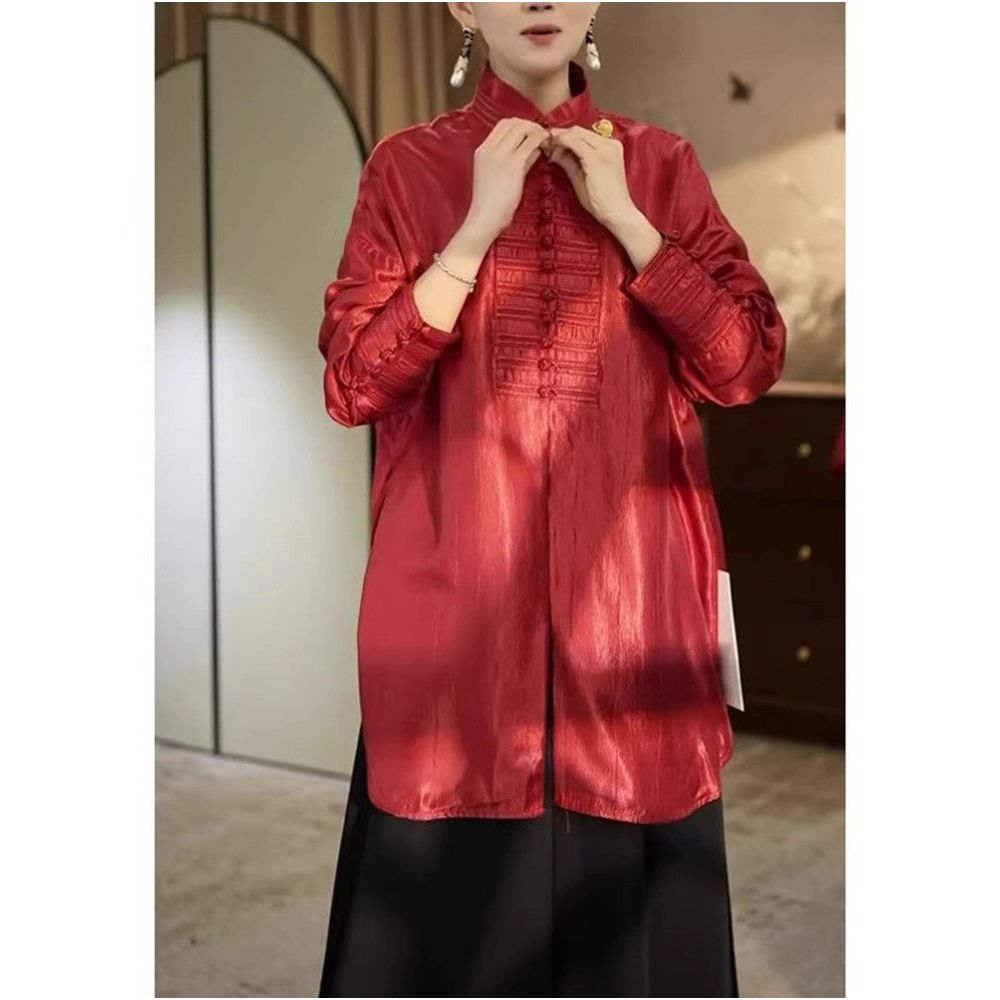 Tang style Improved New Chinese Red Long sleeved Shirt 2025 Spring Edition Design Sense Stand up Collar Pan Button Casual Top image 1