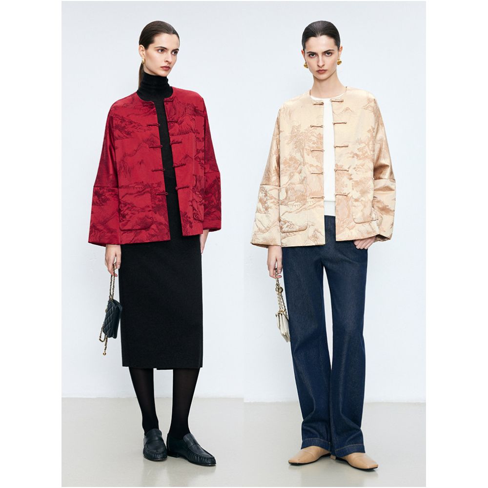 Ningxia Manyijian New Year s greetings with a new Chinese style silk wool mountain jacquard round neck double breasted buttoned camel velvet cotton jacket image 2