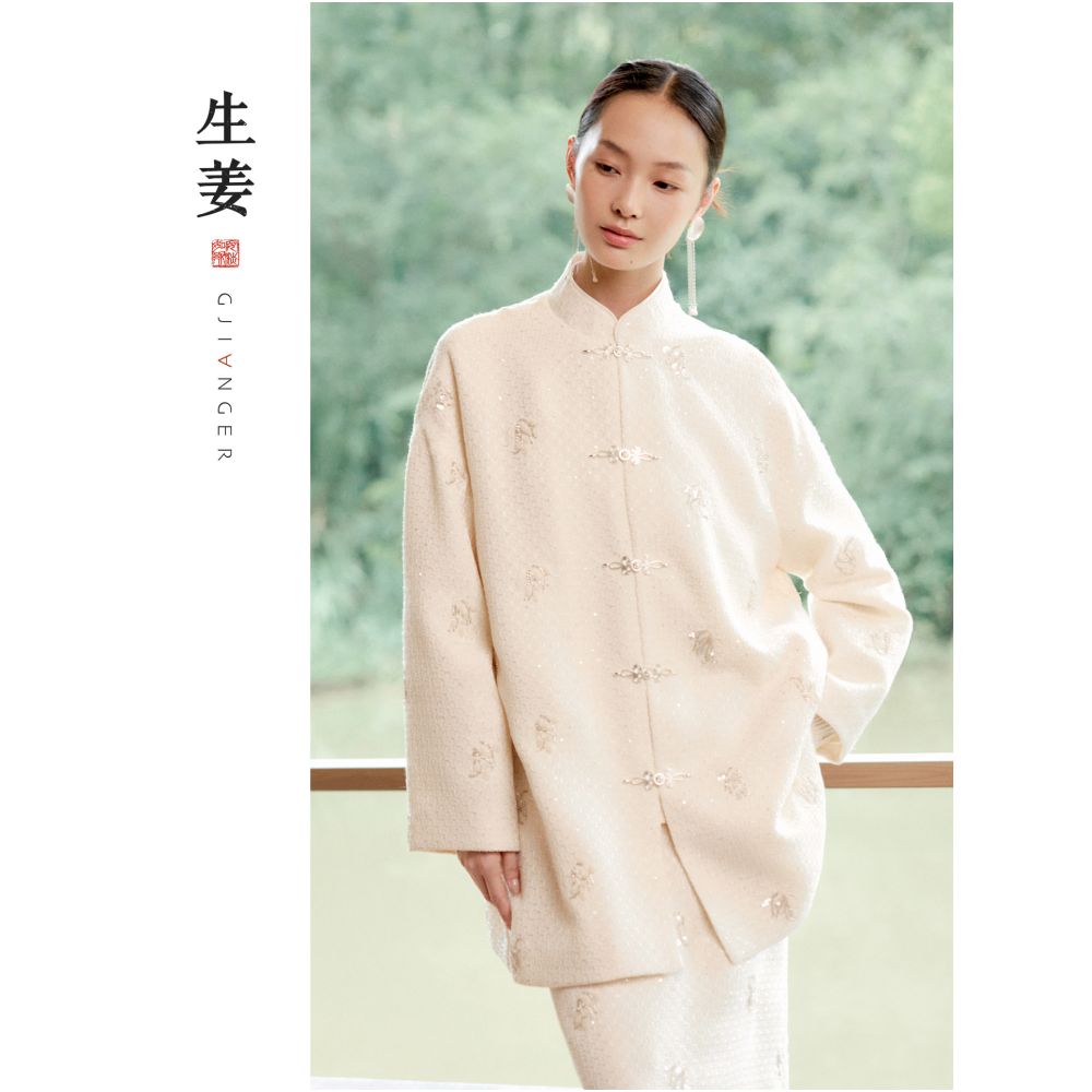 Ginger New Chinese Original Women s Clothing 25 Autumn Winter New Product Coarse Flower Linen Bell Orchid Pearl Embroidery Top Coat 31532144A image 0
