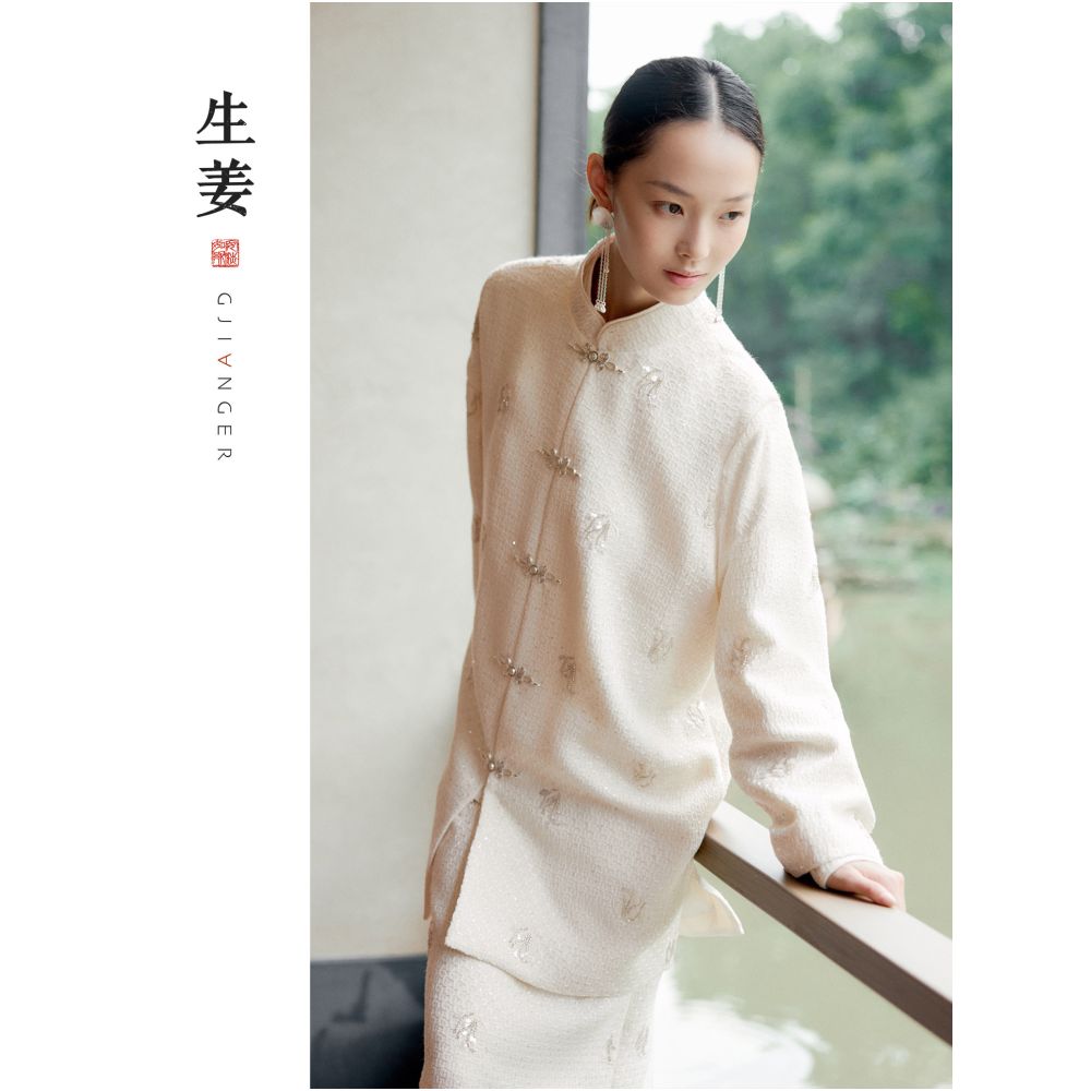 Ginger New Chinese Original Women s Clothing 25 Autumn Winter New Product Coarse Flower Linen Bell Orchid Pearl Embroidery Top Coat 31532144A image 1