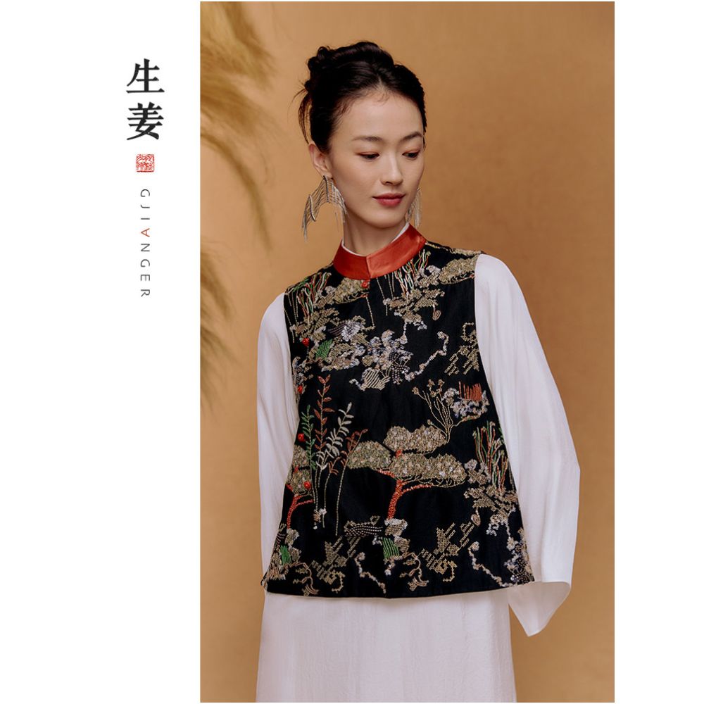 Ginger Yabai New Chinese Vest Autumn Winter New Product Pine and Cypress Embroidered Women s Retro Standing Collar Vest 31432436A image 0