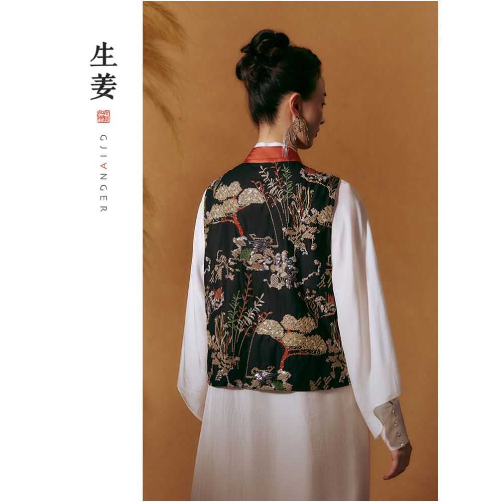 Ginger Yabai New Chinese Vest Autumn Winter New Product Pine and Cypress Embroidered Women s Retro Standing Collar Vest 31432436A image 3