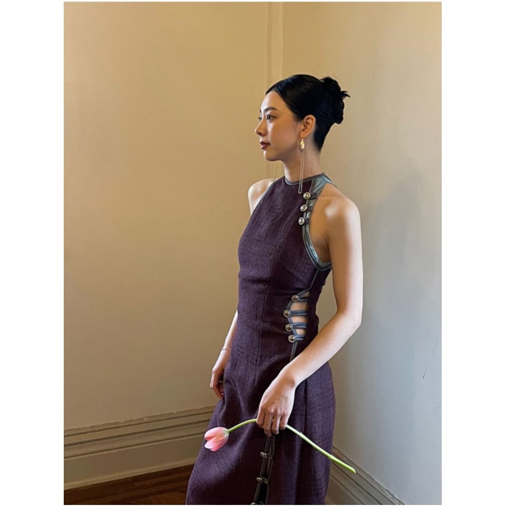 Purple Improved Cheongsam Women s New Chinese Style Dress Retro Chinese Style Women s Engagement Dress Sleeveless Hanging Neck Dress image 1