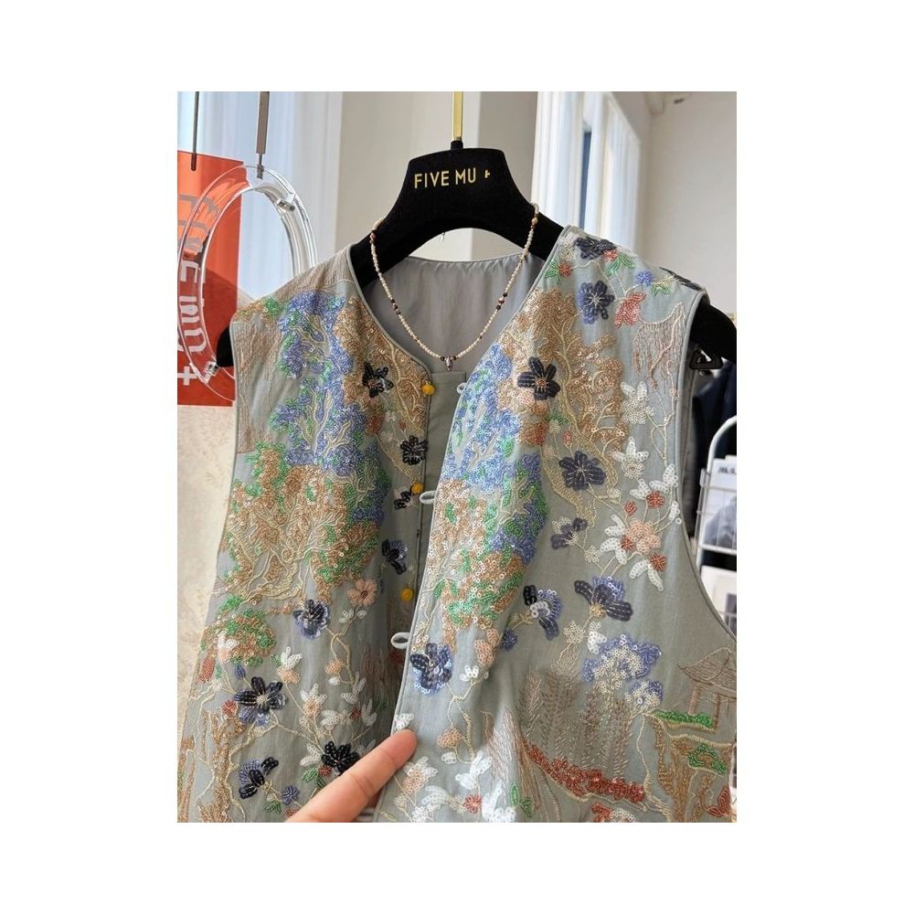 Large size 300 pounds new Chinese style embroidered vest men s and women s clothing early autumn new light Chinese style light luxury sleeveless top 2 image 1