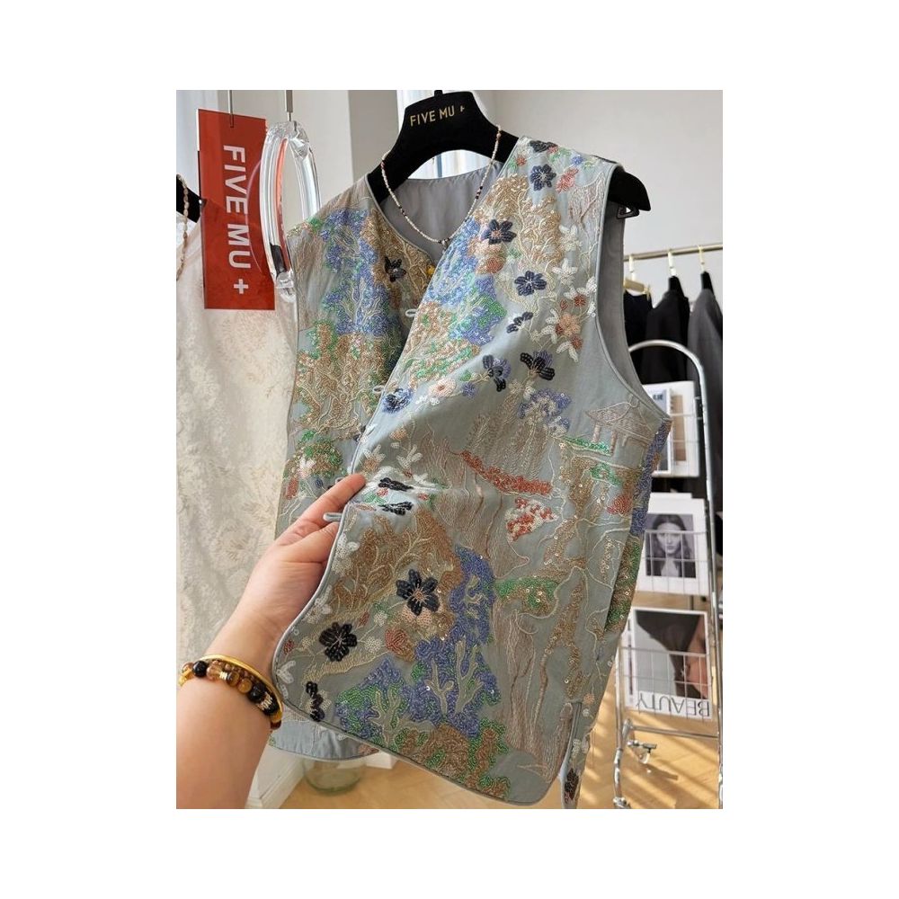 Large size 300 pounds new Chinese style embroidered vest men s and women s clothing early autumn new light Chinese style light luxury sleeveless top 2 image 2