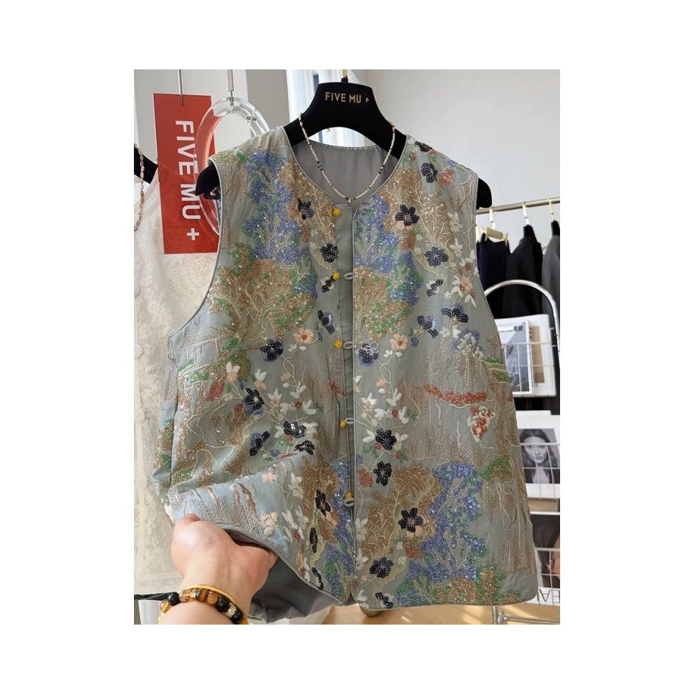 Large size 300 pounds new Chinese style embroidered vest men s and women s clothing early autumn new light Chinese style light luxury sleeveless top 2 image 3