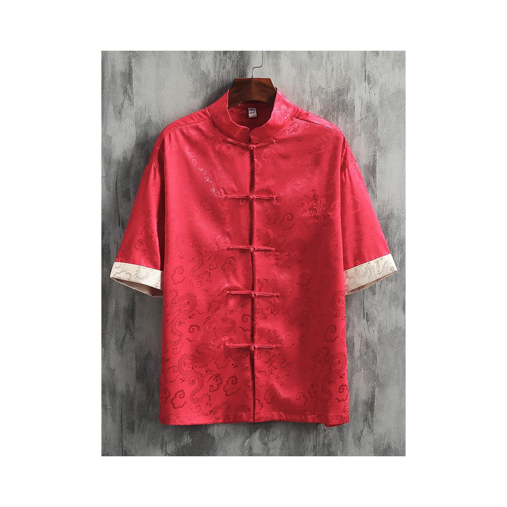 New Chinese style clothing Chinese style men s clothing ice silk and satin Tang style short sleeved shirt summer buttoned dragon patterned shirt image 3