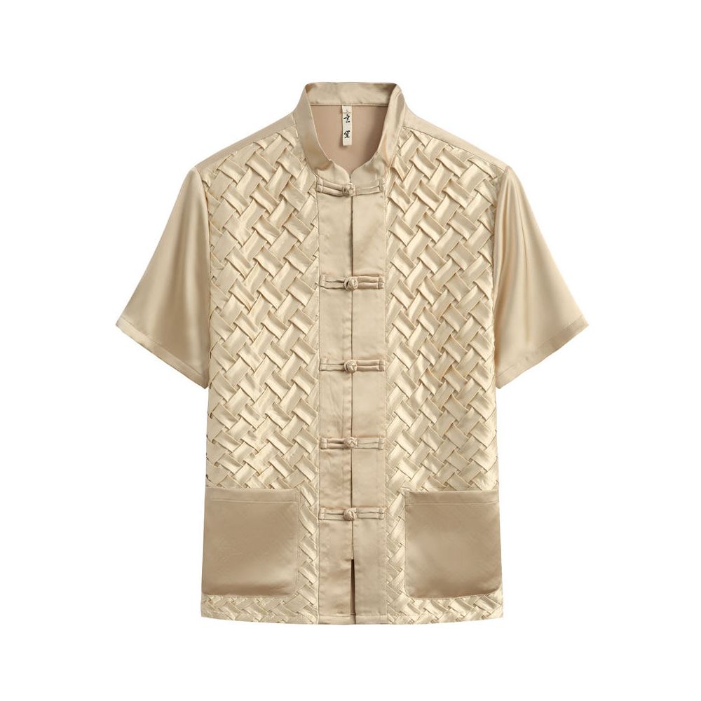 Summer Tang style men s copper ammonia silk short sleeved Chinese China Chic stand collar shirt men s retro China Chic handmade button shirt image 0