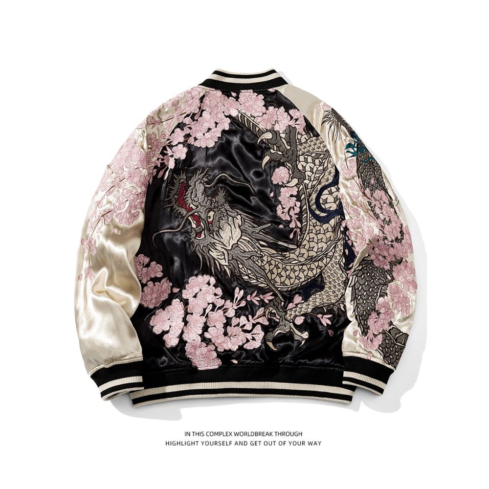 SUKAJAN Dragon Cherry Blossom Embroidered Jacket Trendy Brand Personalized Men and Women Yokosuka Sika will wear satin double sided jacket image 0