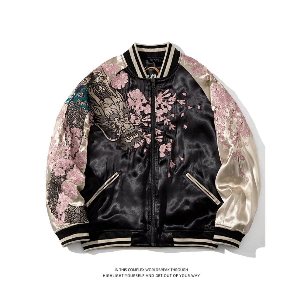 SUKAJAN Dragon Cherry Blossom Embroidered Jacket Trendy Brand Personalized Men and Women Yokosuka Sika will wear satin double sided jacket image 1