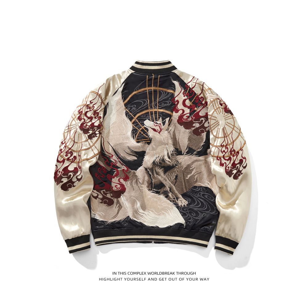 SUKAJAN Dragon Cherry Blossom Embroidered Jacket Trendy Brand Personalized Men and Women Yokosuka Sika will wear satin double sided jacket image 4