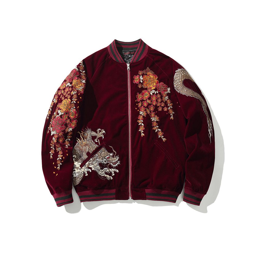2025 Qunlong velveteen embroidery the Year of the Loong red Chinese style personality heavy weight men s and women s jackets baseball jackets image 1