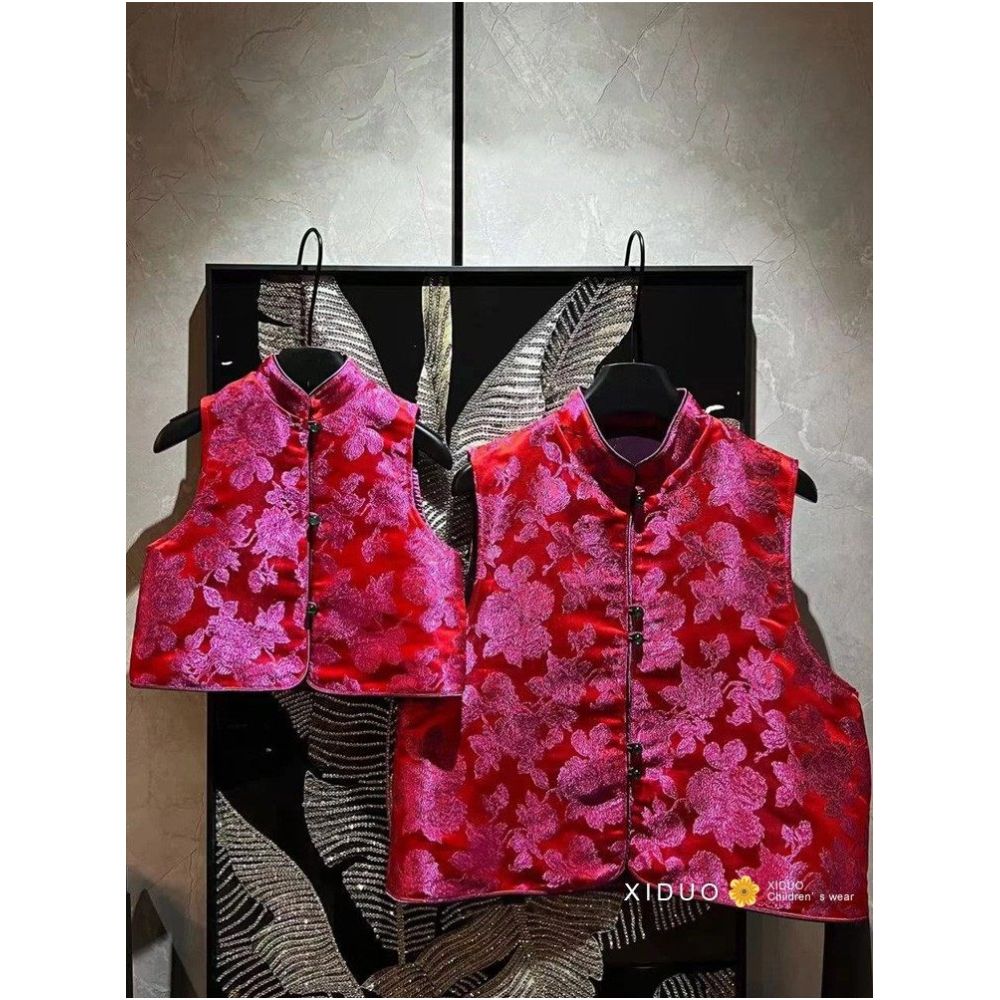 Customized children s clothing for girls autumn and winter new Chinese retro temperament cotton jacquard qipao Tang style qipao vest trendy parent child outfit image 0