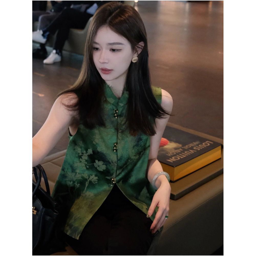 New Chinese style green heavy industry jacquard vest for women high end retro standing collar satin chic top image 0