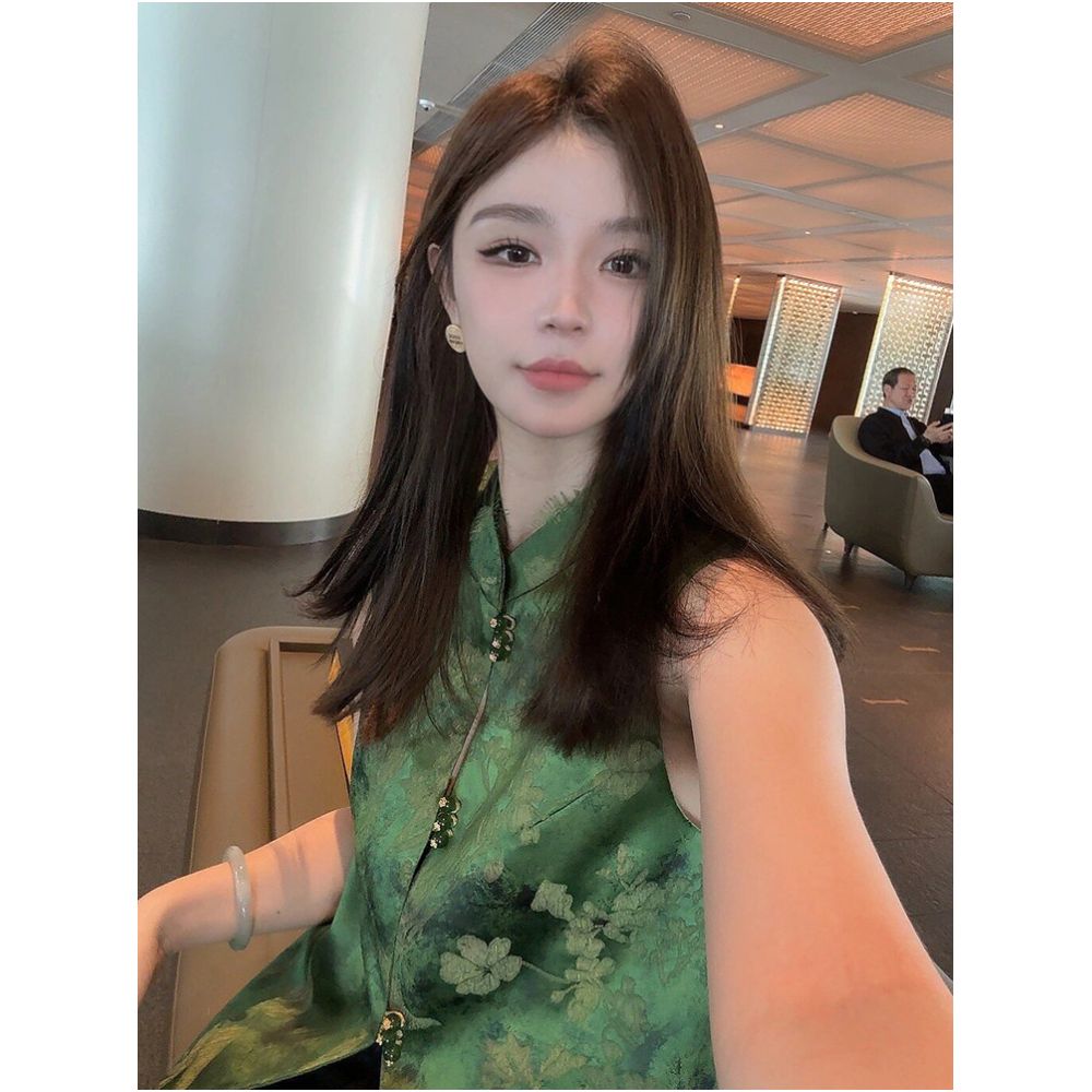 New Chinese style green heavy industry jacquard vest for women high end retro standing collar satin chic top image 1