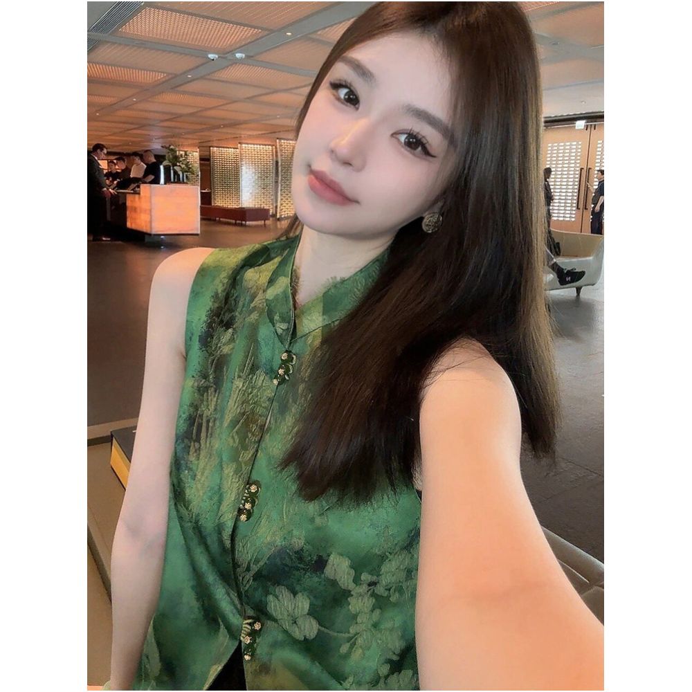 New Chinese style green heavy industry jacquard vest for women high end retro standing collar satin chic top image 2