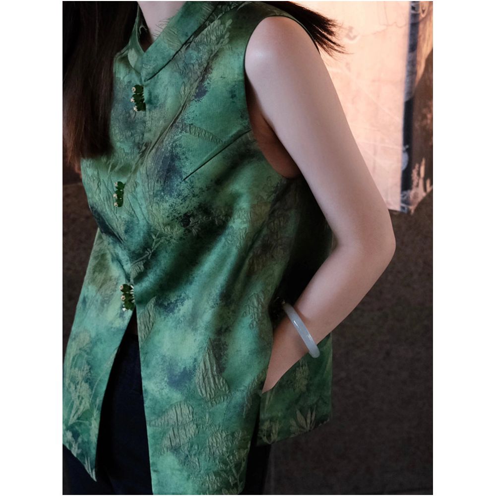 New Chinese style green heavy industry jacquard vest for women high end retro standing collar satin chic top image 3