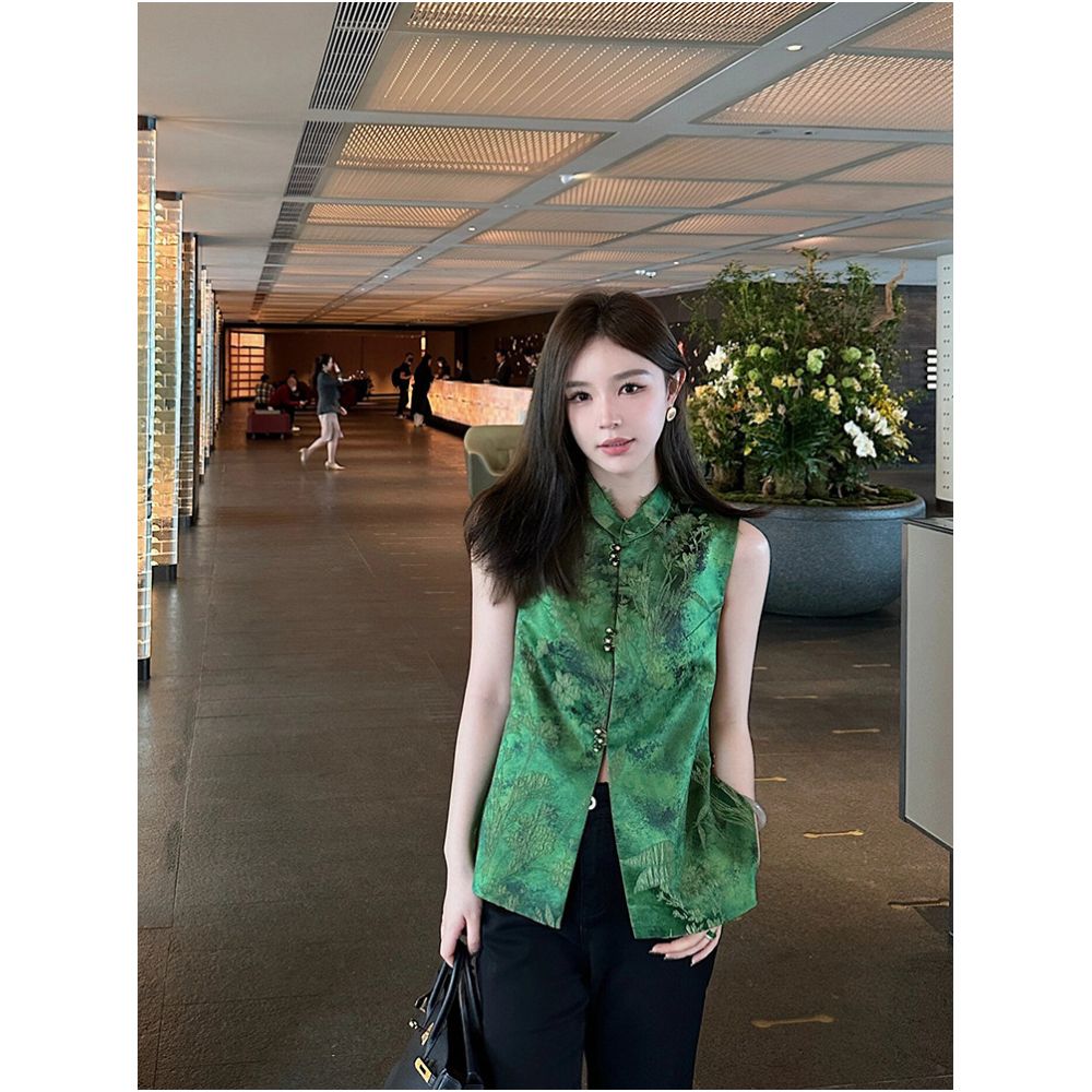 New Chinese style green heavy industry jacquard vest for women high end retro standing collar satin chic top image 4