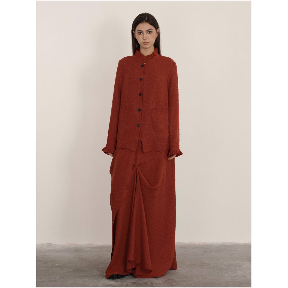 Wuhe clay red brown cut flower stand collar lace shirt half skirt set image 0