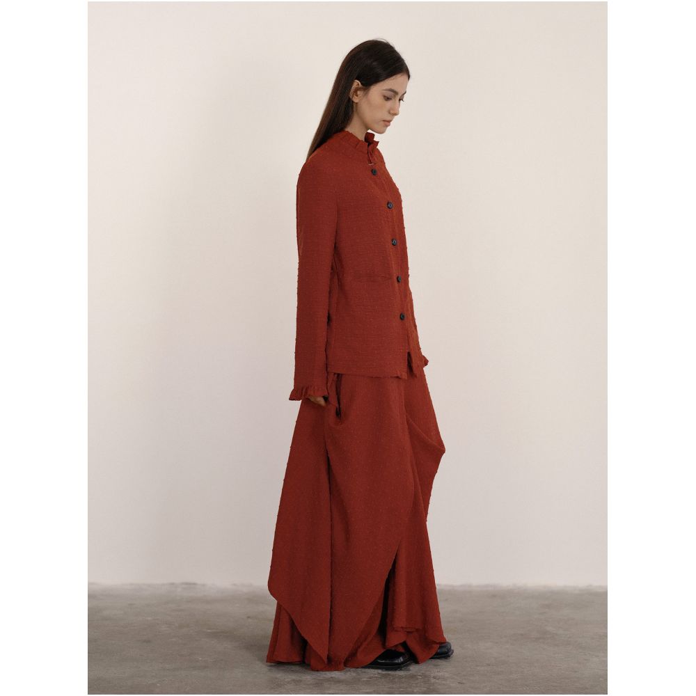 Wuhe clay red brown cut flower stand collar lace shirt half skirt set image 1