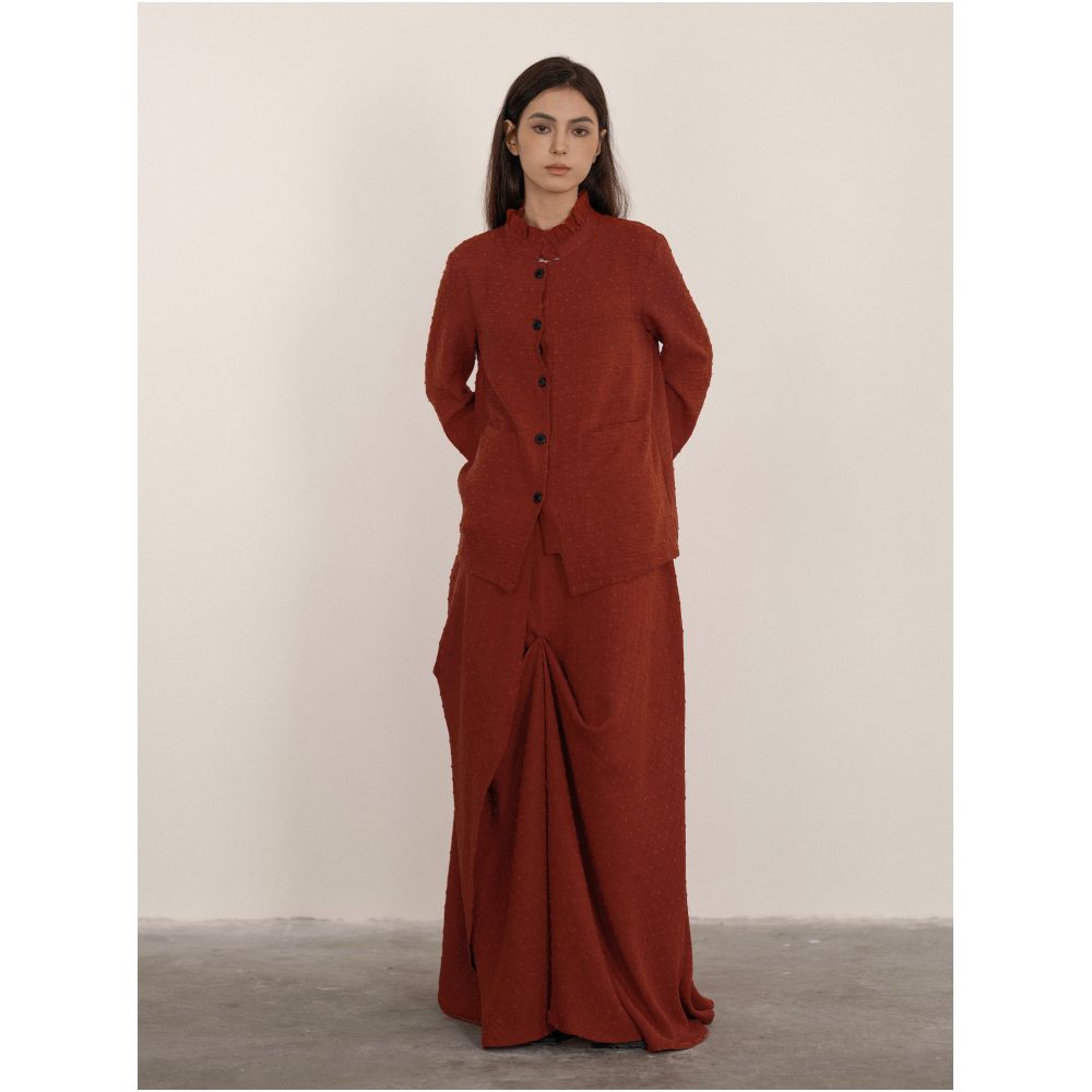 Wuhe clay red brown cut flower stand collar lace shirt half skirt set image 2