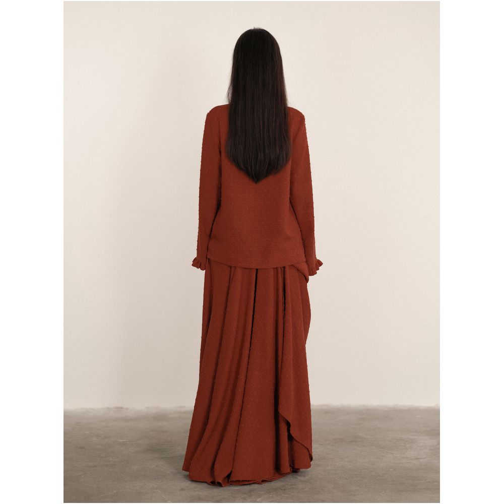 Wuhe clay red brown cut flower stand collar lace shirt half skirt set image 3