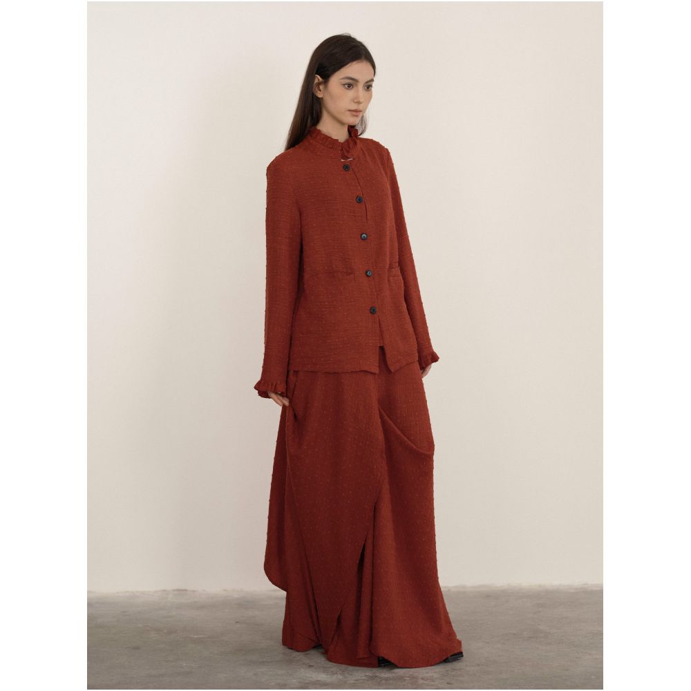 Wuhe clay red brown cut flower stand collar lace shirt half skirt set image 4