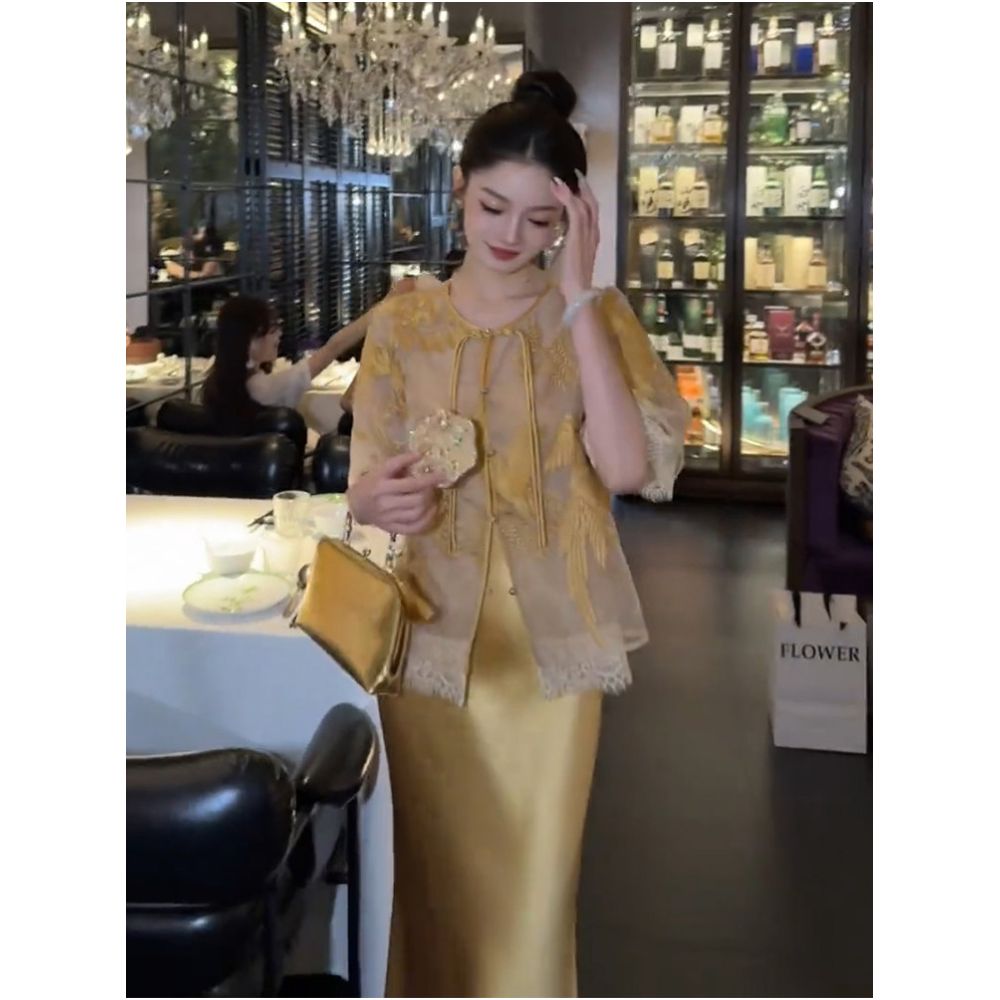 Autumn and winter cool and luxurious outfit light luxury and high end new Chinese style satin embroidery suspender dress set image 3