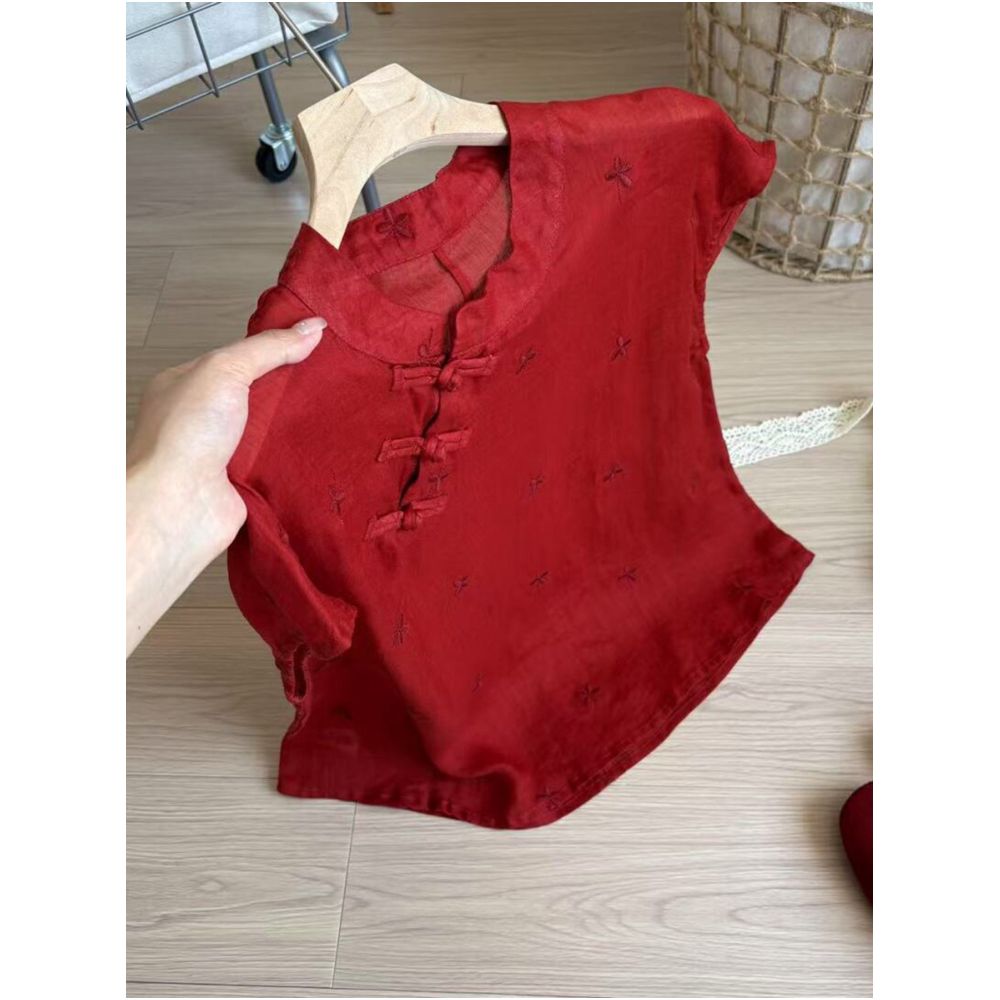 STUDIO celebrates today New Chinese style red buckle stand up collar shirt for women 2025 butterfly embroidery slimming top image 4